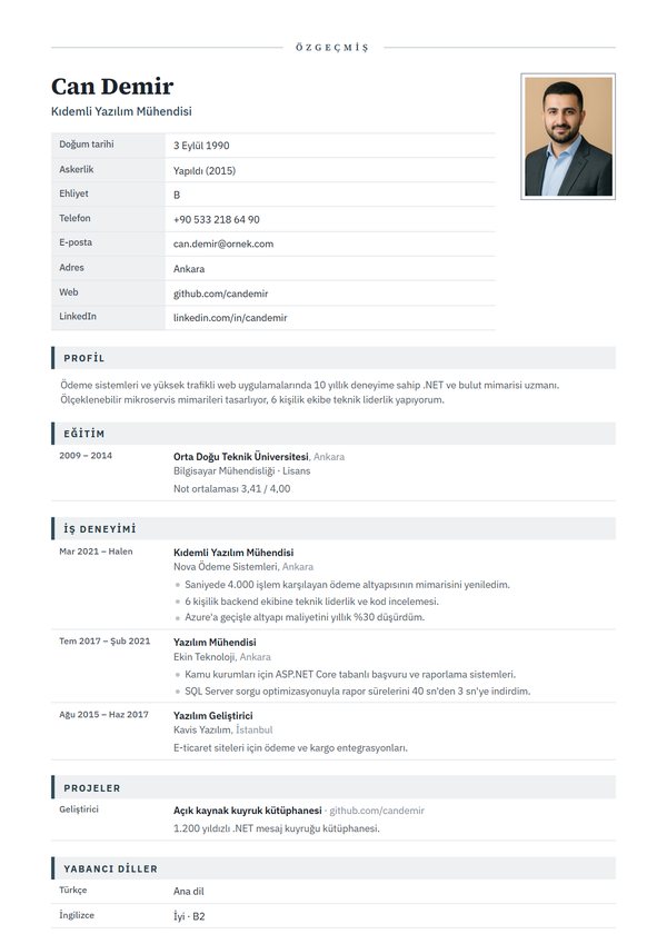 Resmî CV şablonu ön izlemesi